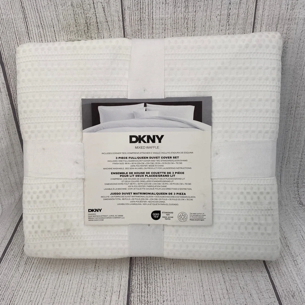 DKNY Duvet Cover Set Full/Queen White Mixed Waffle Textured Modern Bedding